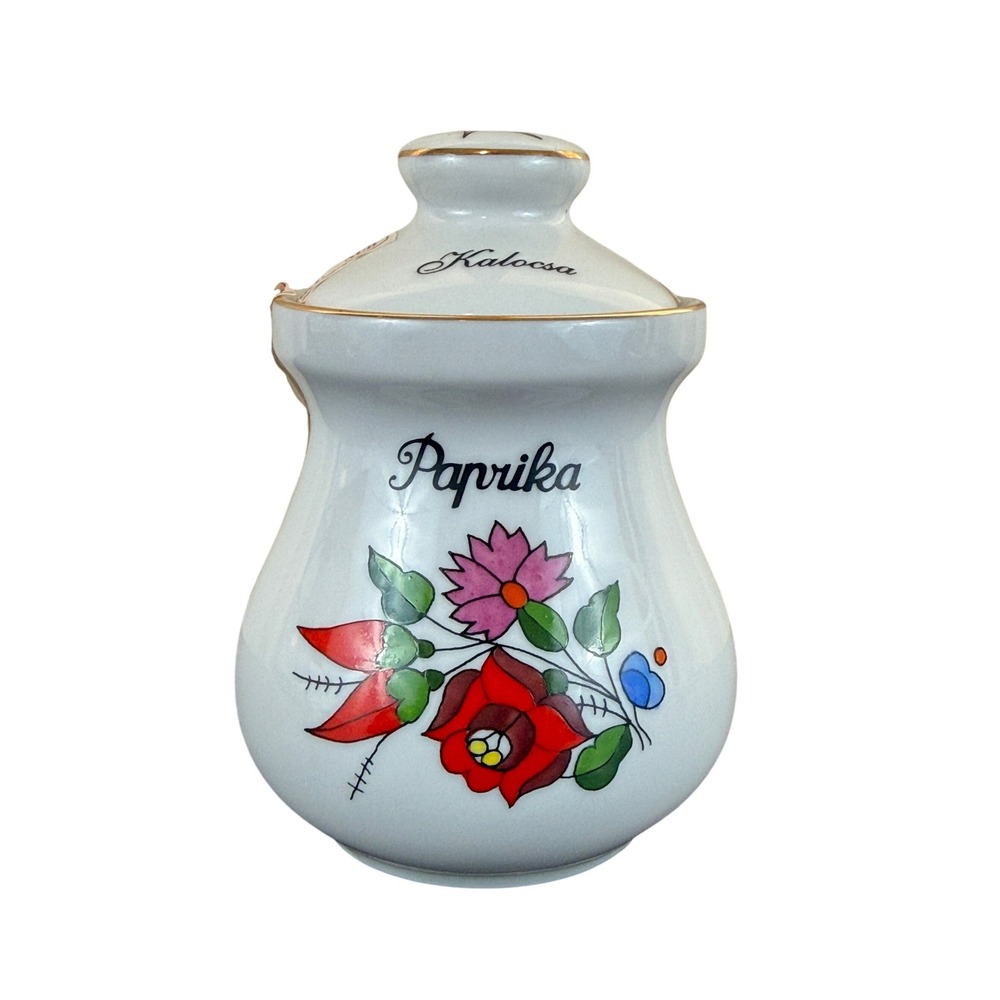 VTG Kalocsa Hungary Paprika Flower Power Folk Art Ceramic Spice Jar w/ Lid 5"